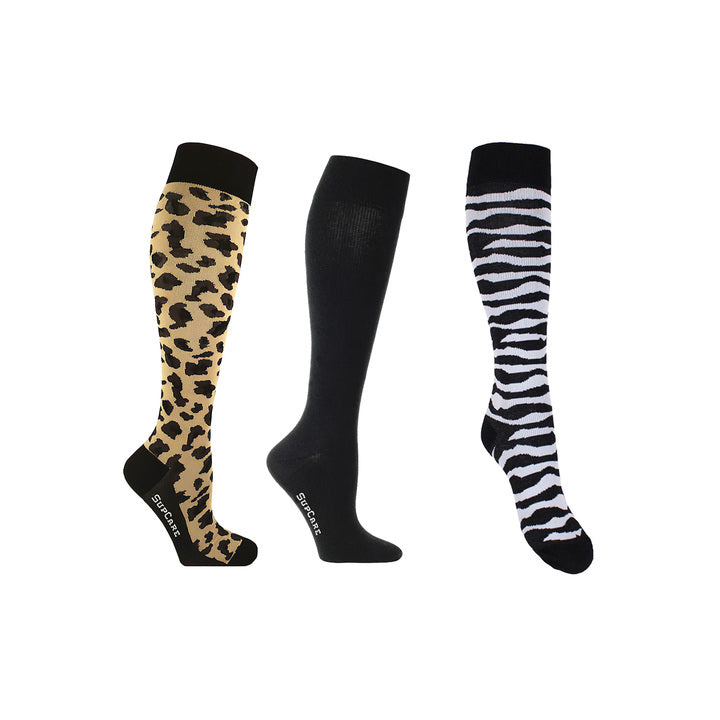 Stödstrumpor leopard, svart och zebra för svullna och trötta ben 3-pack