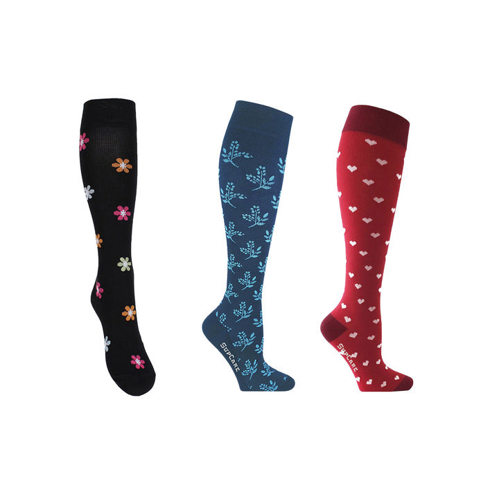 Stödstrumpor blommor, hjärtan och turkos för svullna och trötta ben 3-pack