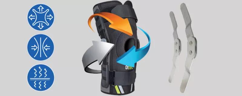 Extra stabilt knäskydd med två stabiliserande skenor för meniskskador Extra stabilt knäskydd med två stabiliserande skenor för meniskskador
